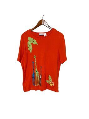 Orange Cotton T-Shirt Giraffe & Floral Appliqué Short Sleeves‎ Beaded Neckline